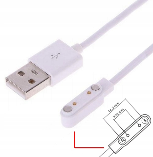ŁADOWARKA KABEL USB DO SMARTWATCHA GARETT KIDS DT KW K22 7,62MM 2 PIN BIAŁY