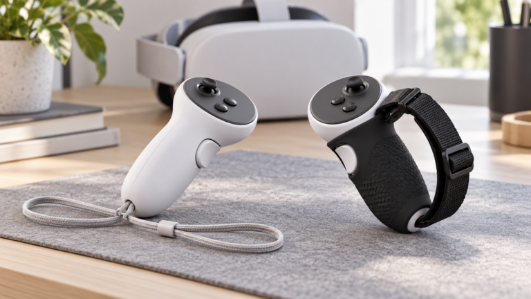 Dwa kontrolery VR: jeden z paskiem nadgarstkowym, drugi z silikonowym gripem i paskiem na dłoń