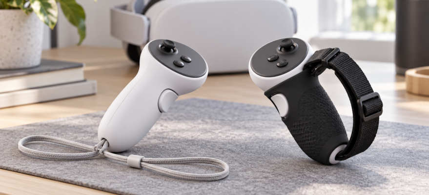Dwa kontrolery VR: jeden z paskiem nadgarstkowym, drugi z silikonowym gripem i paskiem na dłoń