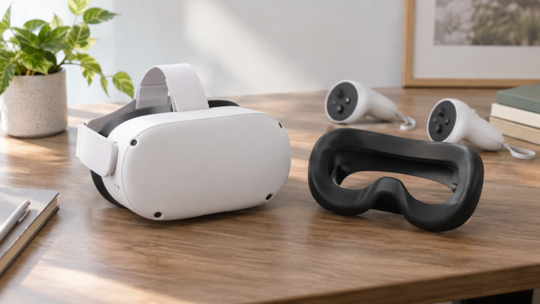 Gogle VR i oddzielna czarna silikonowa osłona twarzy na biurku