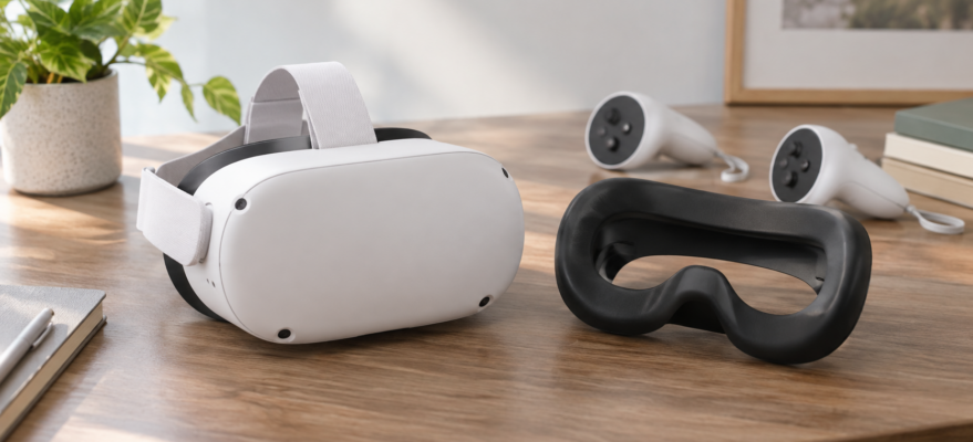Gogle VR i oddzielna czarna silikonowa osłona twarzy na biurku