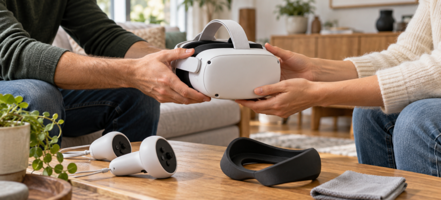 Dwie dorosłe osoby przekazują sobie gogle VR; na stoliku leżą osłona twarzy i ściereczka — wygenerowana ilustracja.