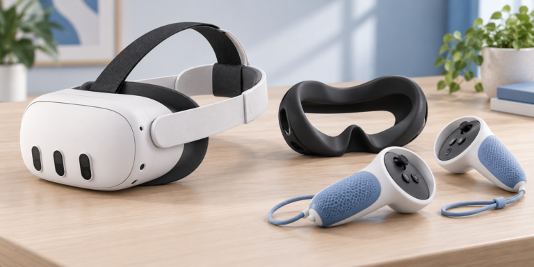 Ilustracja gogli VR z paskiem podtrzymującym, osobną osłoną twarzy i kontrolerami z gripami