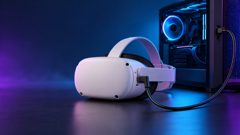 Ilustracja gogli VR połączonych kablem USB-C z komputerem do PCVR