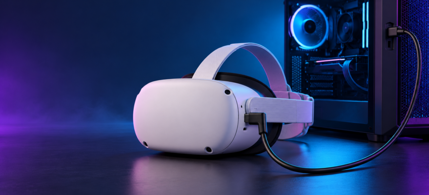 Ilustracja gogli VR połączonych kablem USB-C z komputerem do PCVR