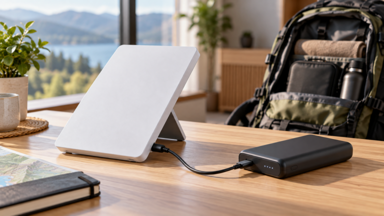 Ilustracja przenośnego terminala internetowego połączonego przewodem z powerbankiem USB-C, obok plecaka