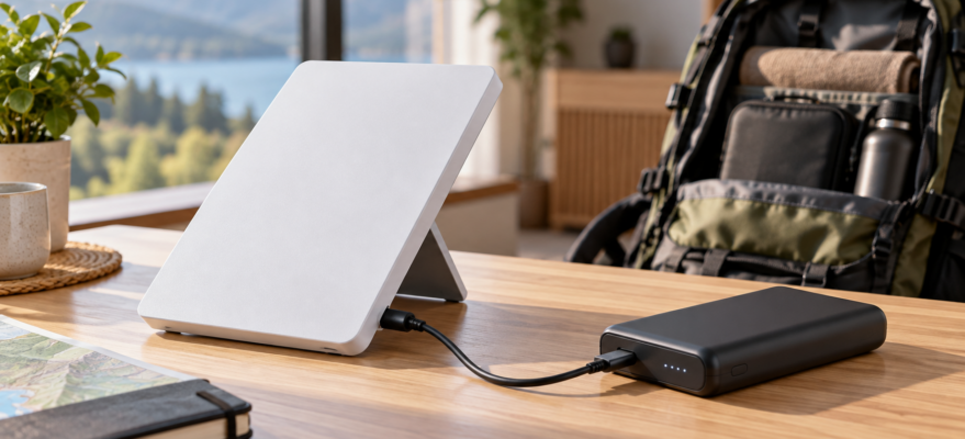 Ilustracja przenośnego terminala internetowego połączonego przewodem z powerbankiem USB-C, obok plecaka